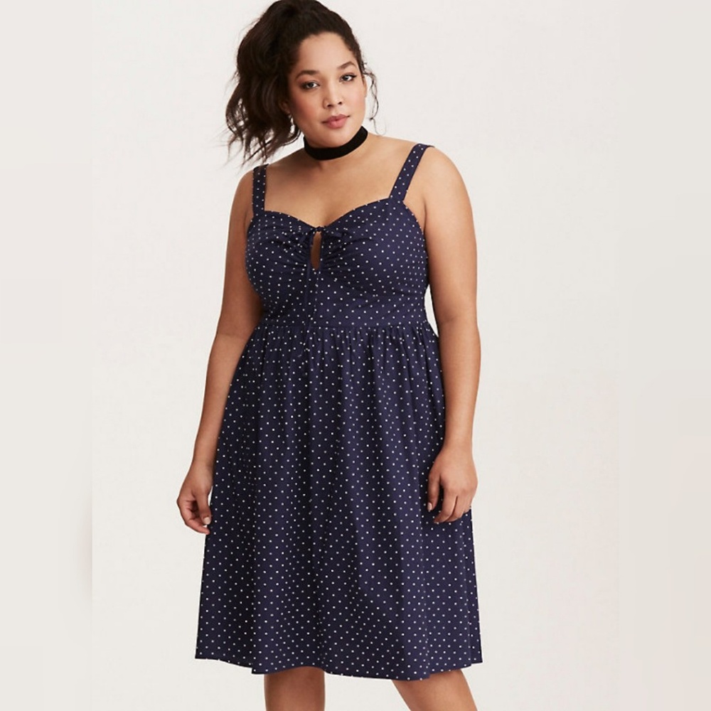 TORRID BLUE POLKA DOT TIE FRONT POPLIN SWING DRESS